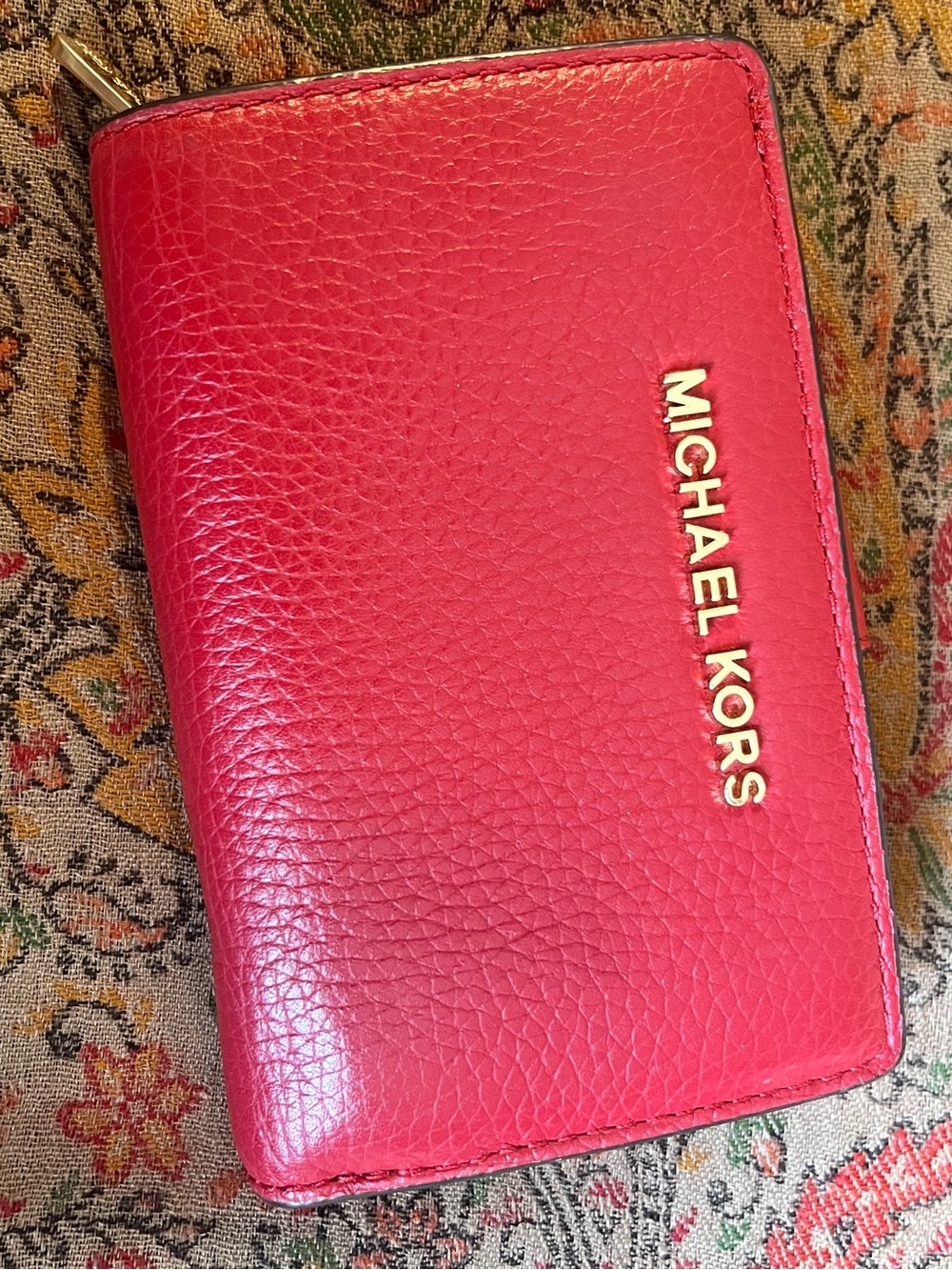 Michael Kors Red Pebbled Leather Zip Card Wallet